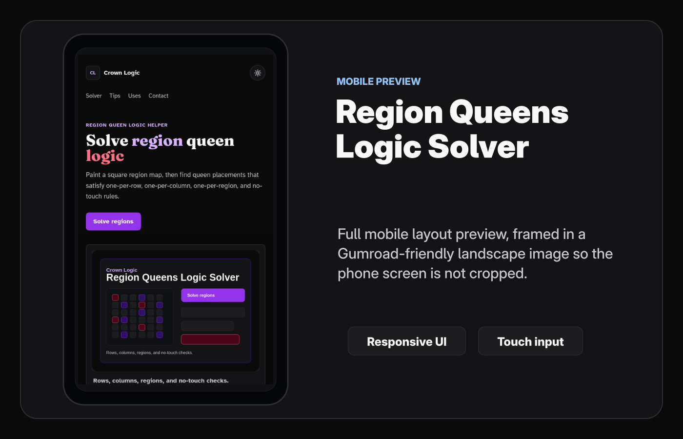 Mobile layout screenshot of Region Queens Logic Solver Starter Kit.