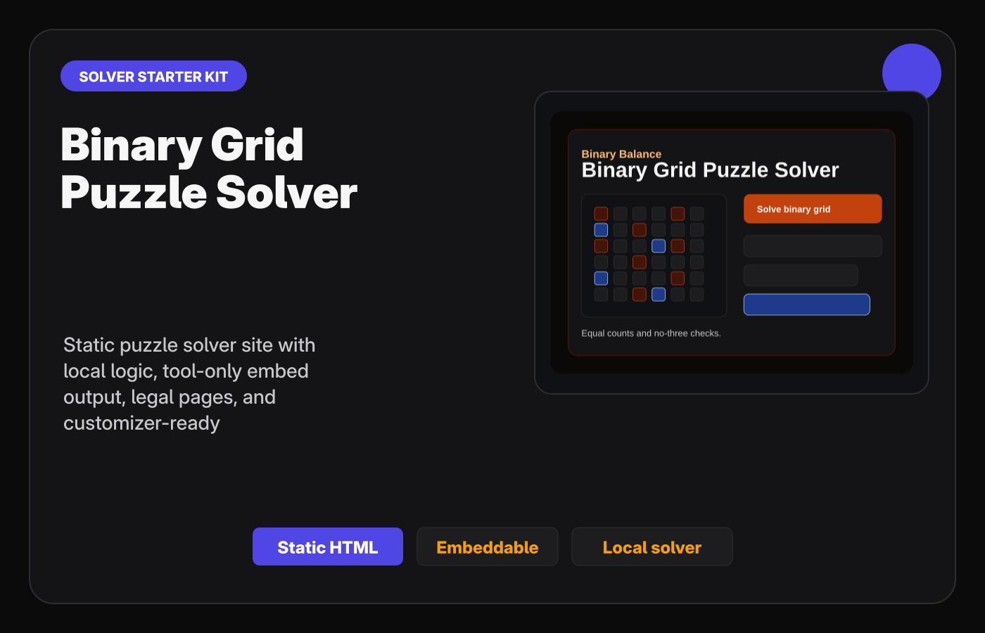 Binary Grid Puzzle Solver Starter Kit Gumroad-style product cover.