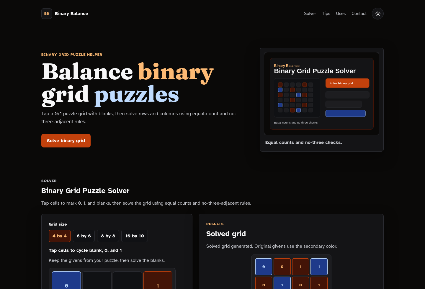 Desktop homepage screenshot of Binary Grid Puzzle Solver Starter Kit.