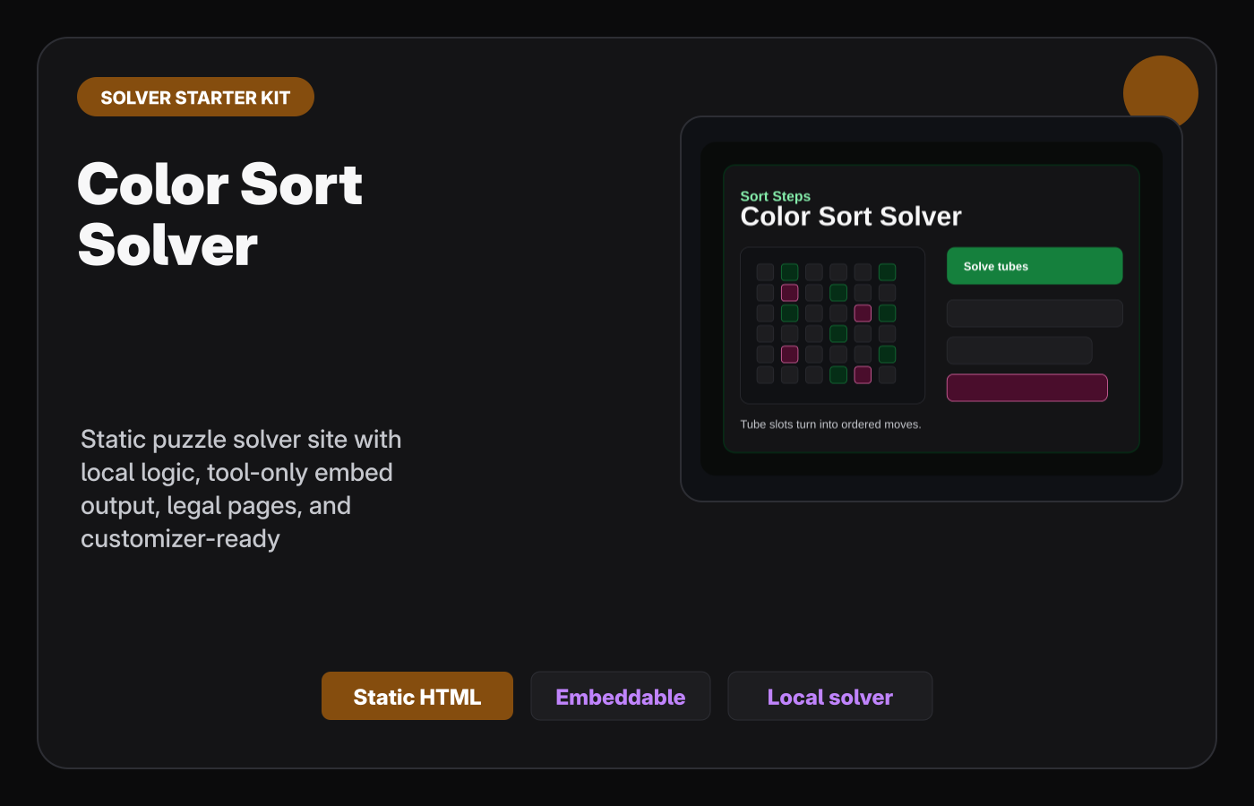 Color Sort Solver Starter Kit Gumroad-style product cover.