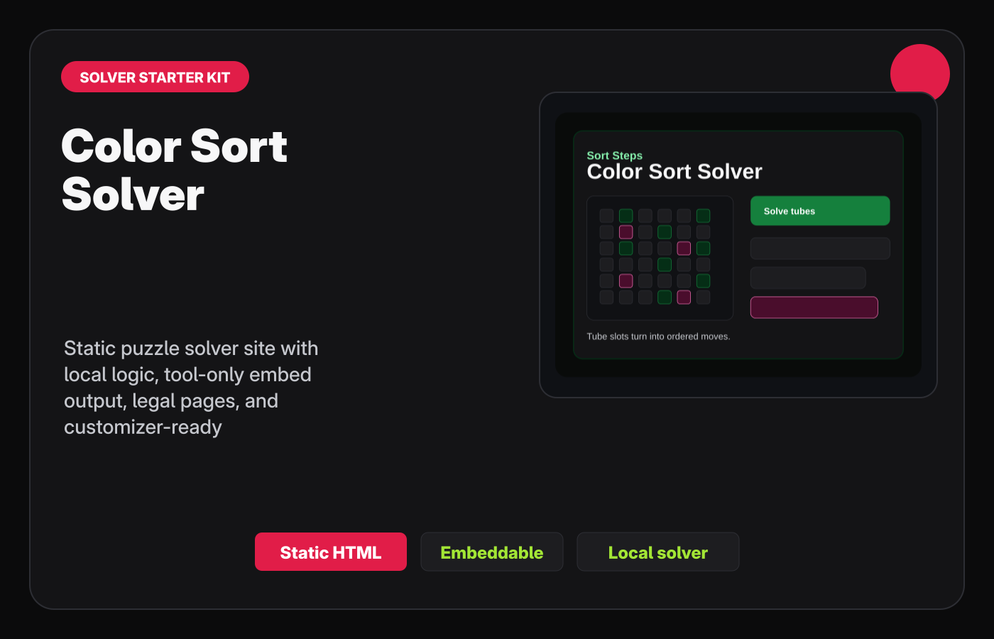 Color Sort Solver Starter Kit Gumroad-style product cover.