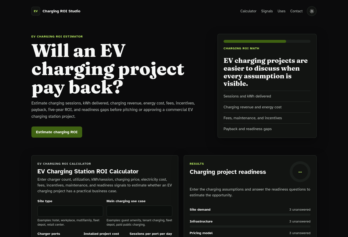 Desktop homepage screenshot of EV Charging ROI Calculator Starter Kit.