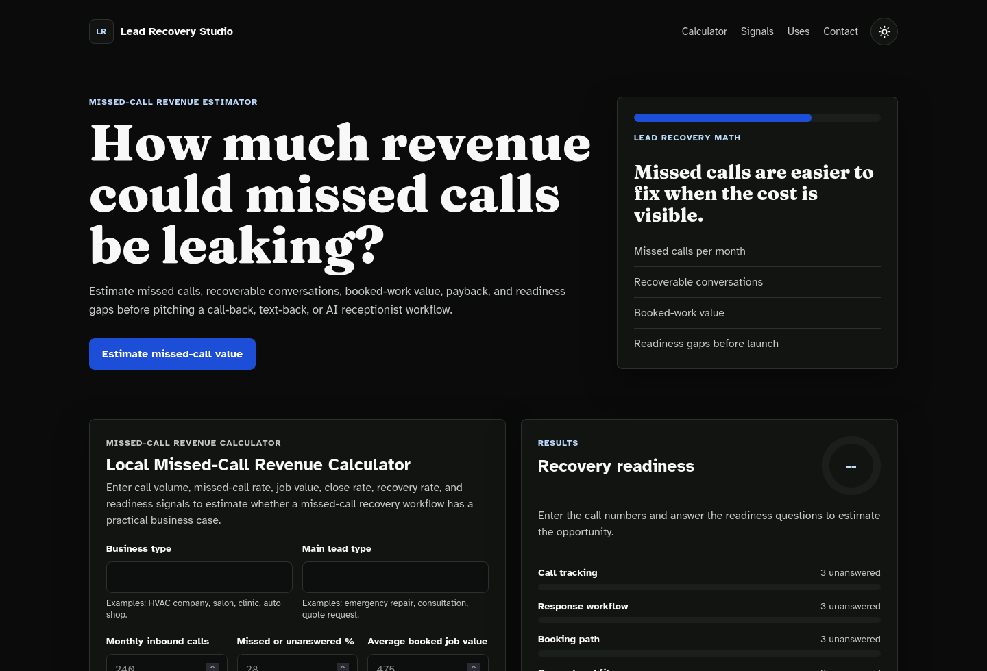 Desktop homepage screenshot of Local Missed-Call Revenue Calculator Starter Kit.