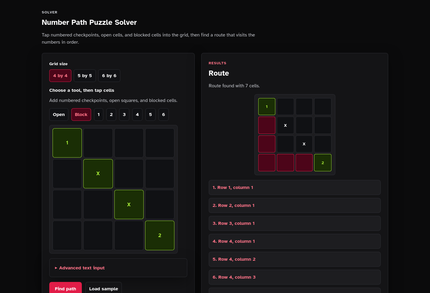 Solver results screenshot of Number Path Puzzle Solver Starter Kit.