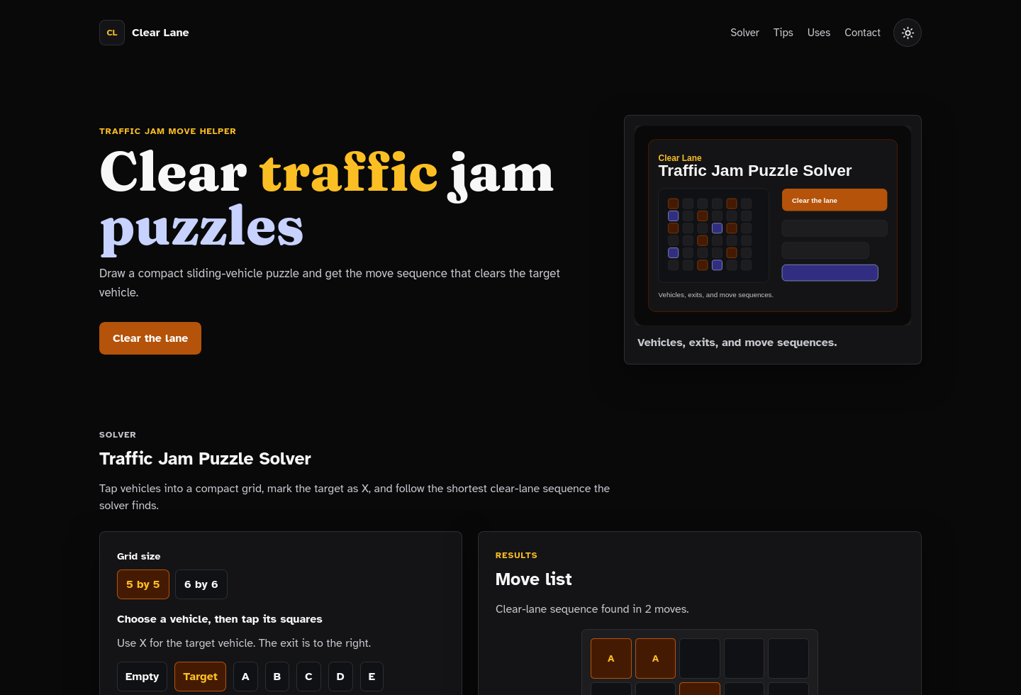Desktop homepage screenshot of Traffic Jam Puzzle Solver Starter Kit.