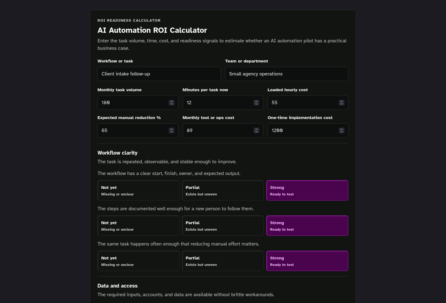 Tool-only embed screenshot of AI Automation ROI Calculator Starter Kit.