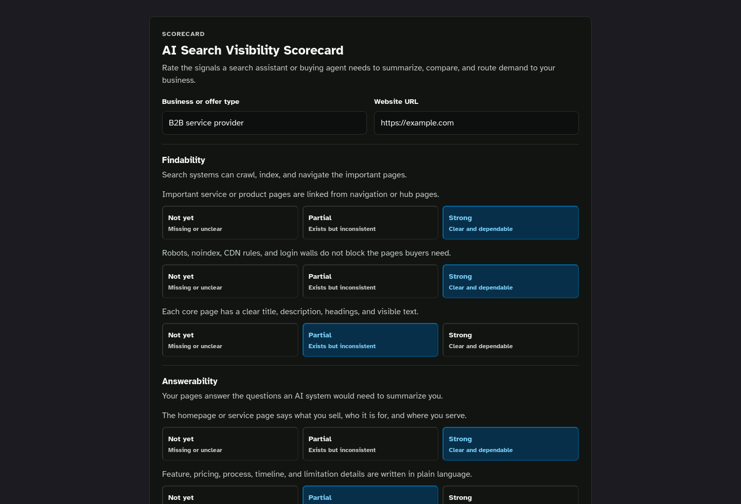 Tool-only embed screenshot of AI Search Visibility Scorecard Starter Kit.