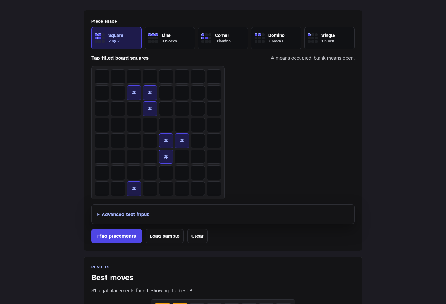 Embeddable tool-only page screenshot of Block Puzzle Best Move Solver Starter Kit.
