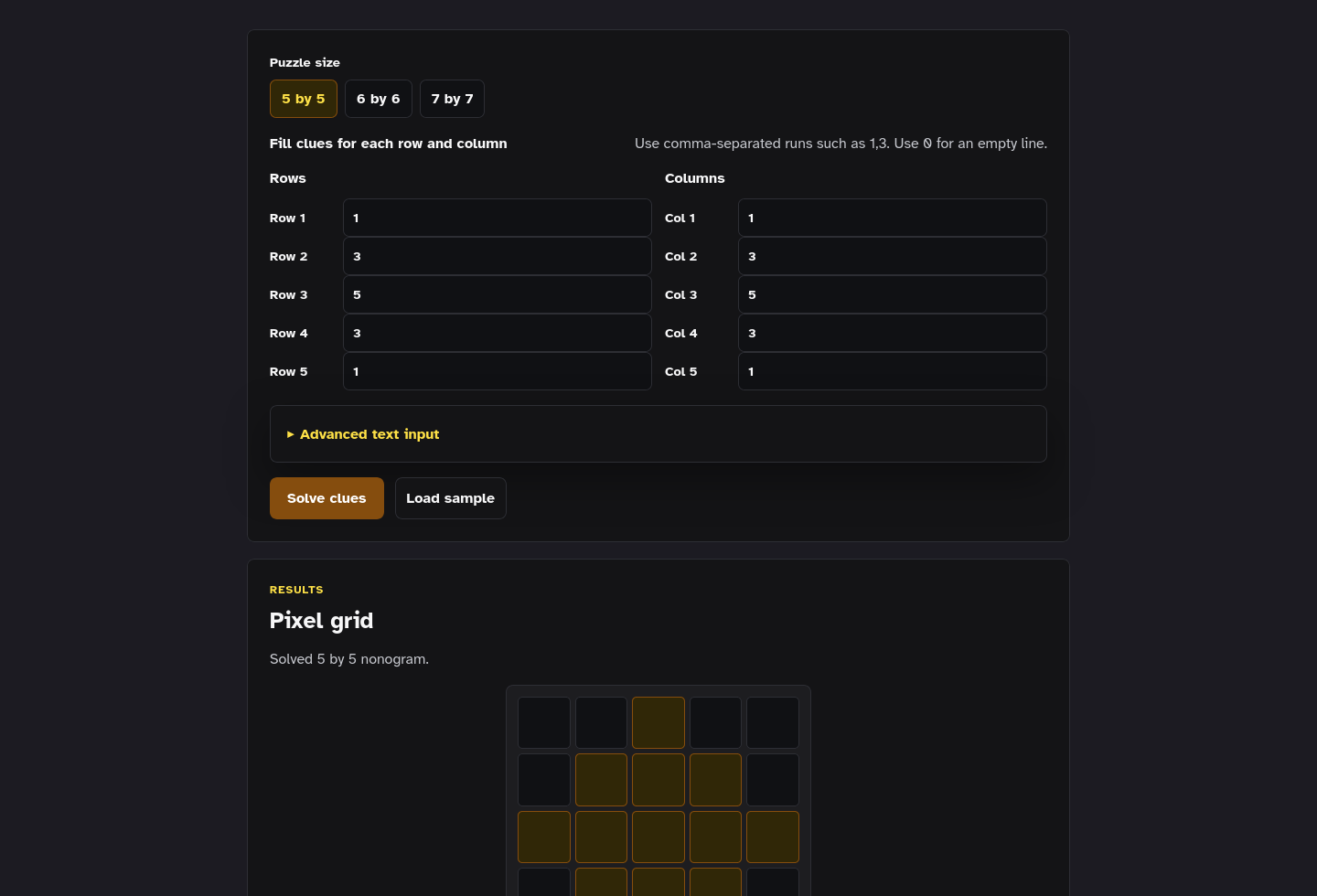 Embeddable tool-only page screenshot of Nonogram Solver Starter Kit.