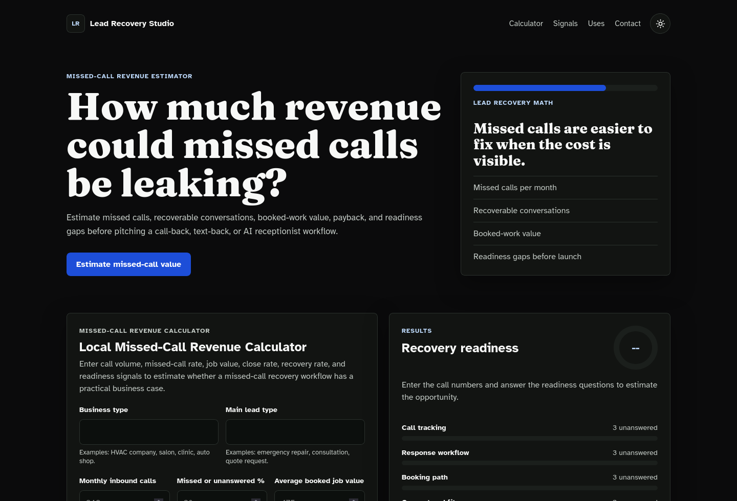 Desktop homepage screenshot of Local Missed-Call Revenue Calculator Starter Kit.
