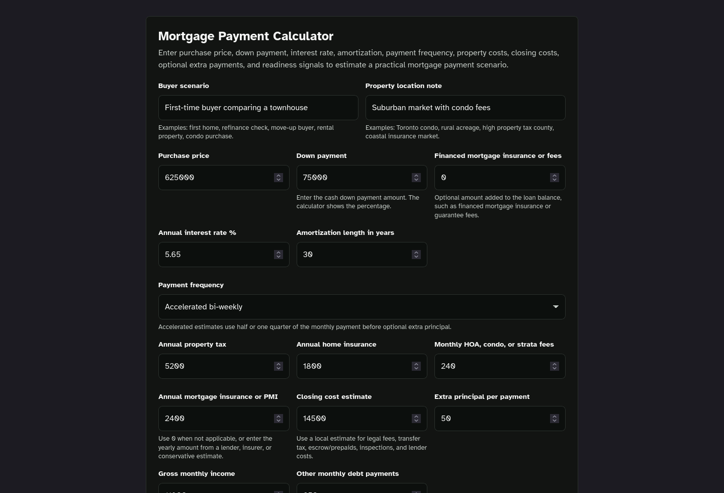 Tool-only embed screenshot of Mortgage Payment Calculator Starter Kit.