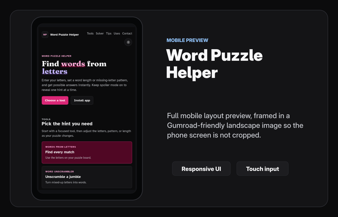 Mobile layout screenshot of Word Puzzle Helper Starter Kit.