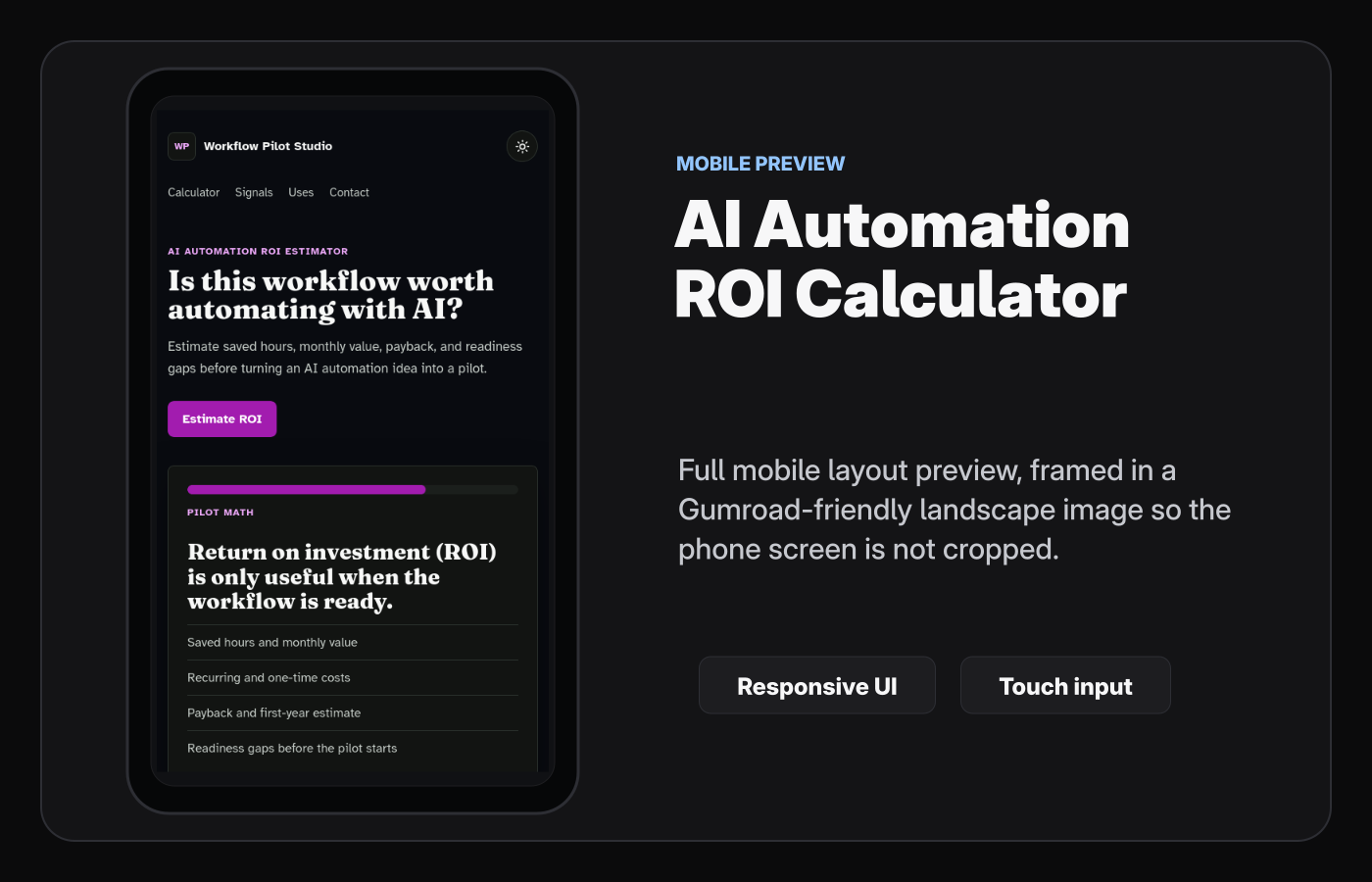 Mobile layout screenshot of AI Automation ROI Calculator Starter Kit.