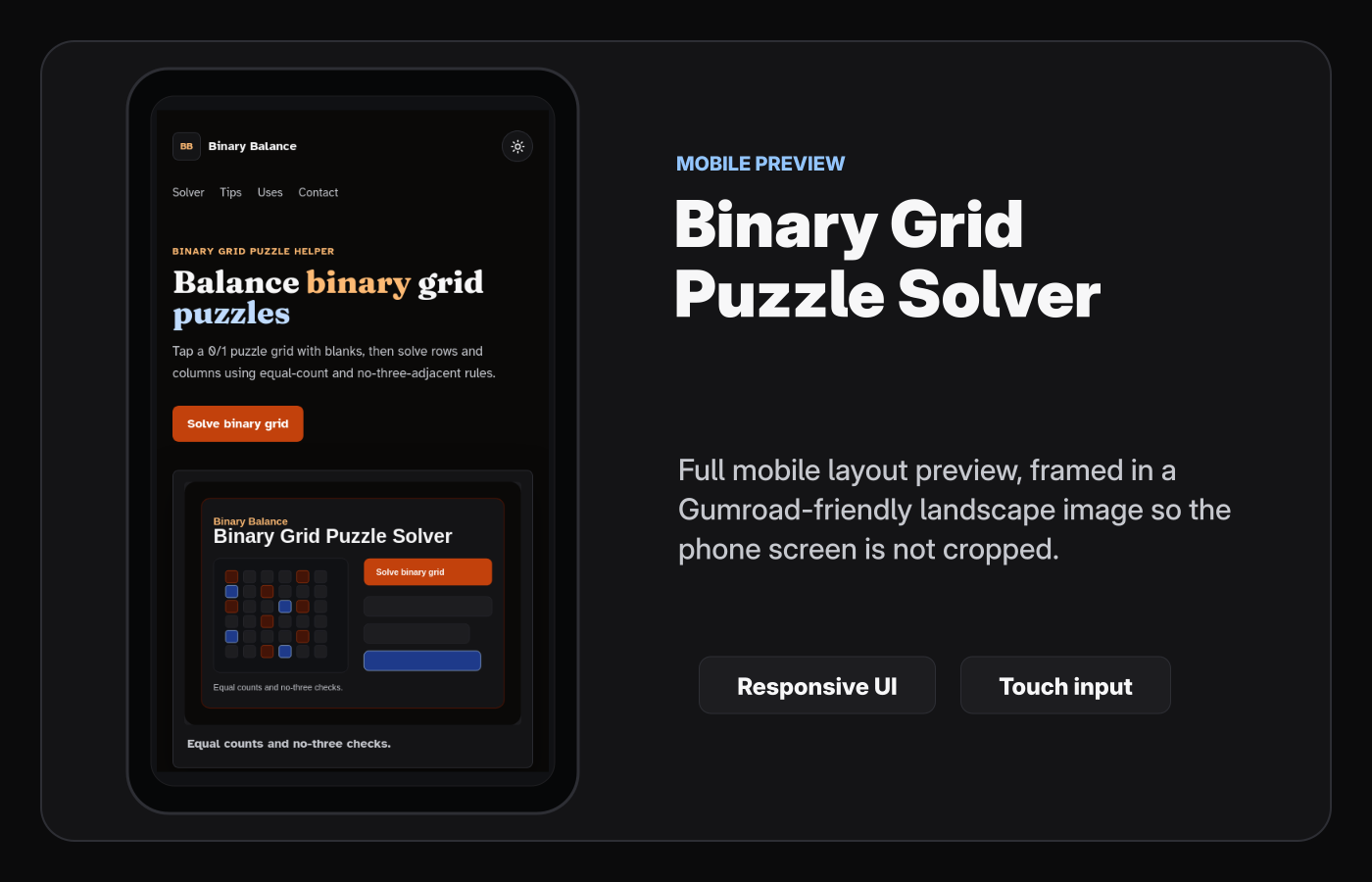Mobile layout screenshot of Binary Grid Puzzle Solver Starter Kit.