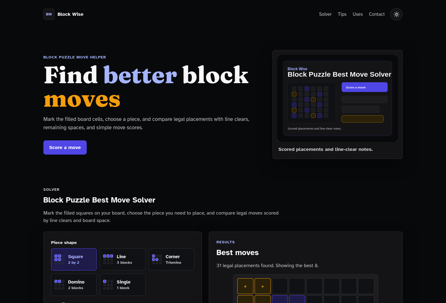Desktop homepage screenshot of Block Puzzle Best Move Solver Starter Kit.