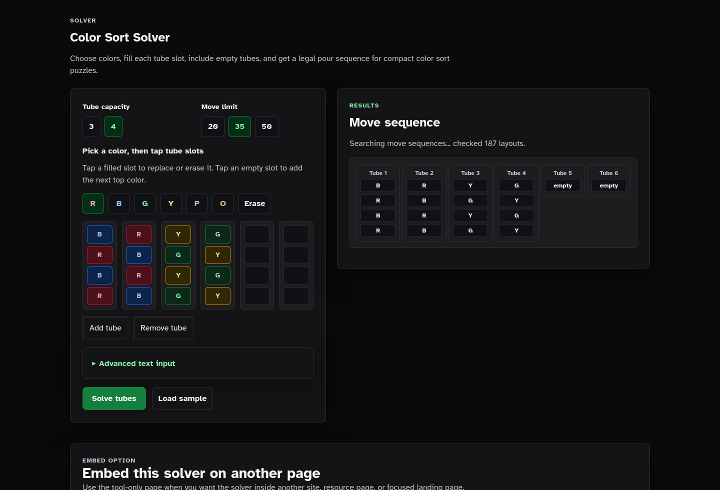 Solver results screenshot of Color Sort Solver Starter Kit.