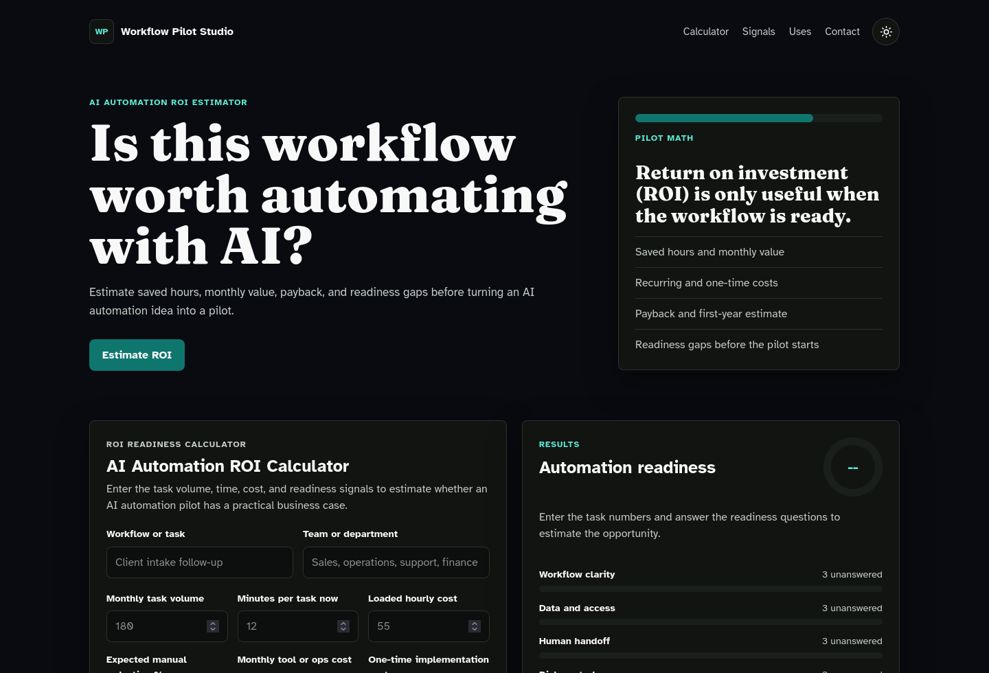 Desktop homepage screenshot of AI Automation ROI Calculator Starter Kit.