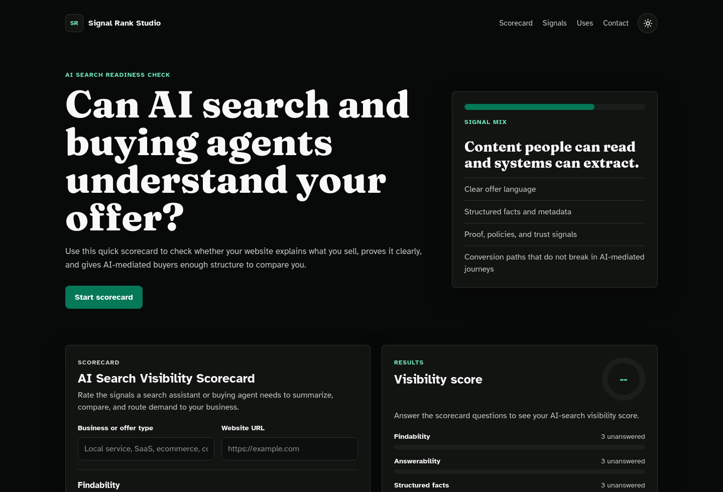 Desktop homepage screenshot of AI Search Visibility Scorecard Starter Kit.
