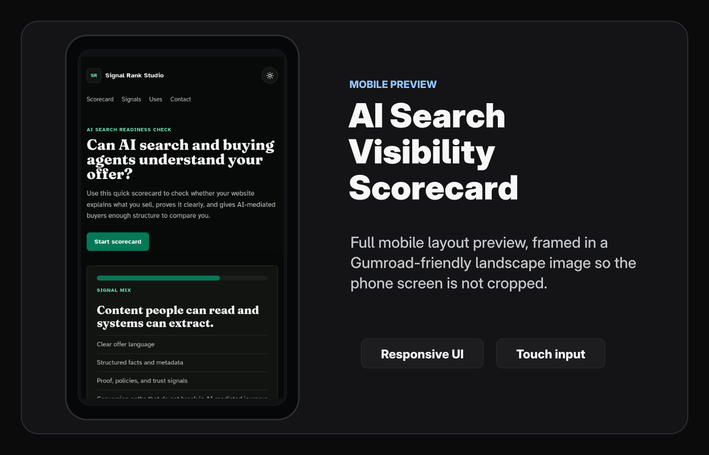 Mobile layout screenshot of AI Search Visibility Scorecard Starter Kit.