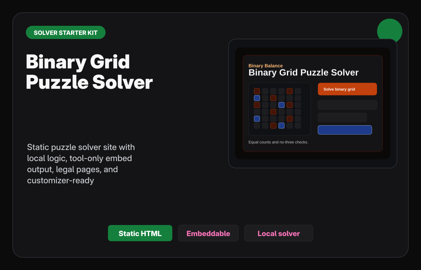 Binary Grid Puzzle Solver Starter Kit Gumroad-style product cover.
