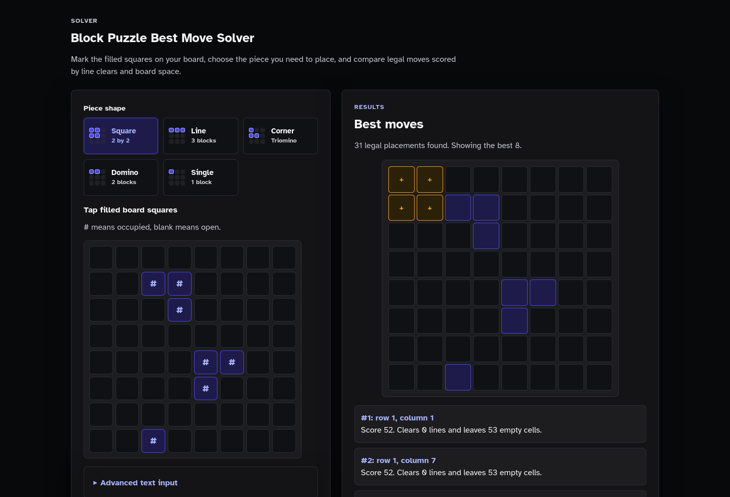 Solver results screenshot of Block Puzzle Best Move Solver Starter Kit.