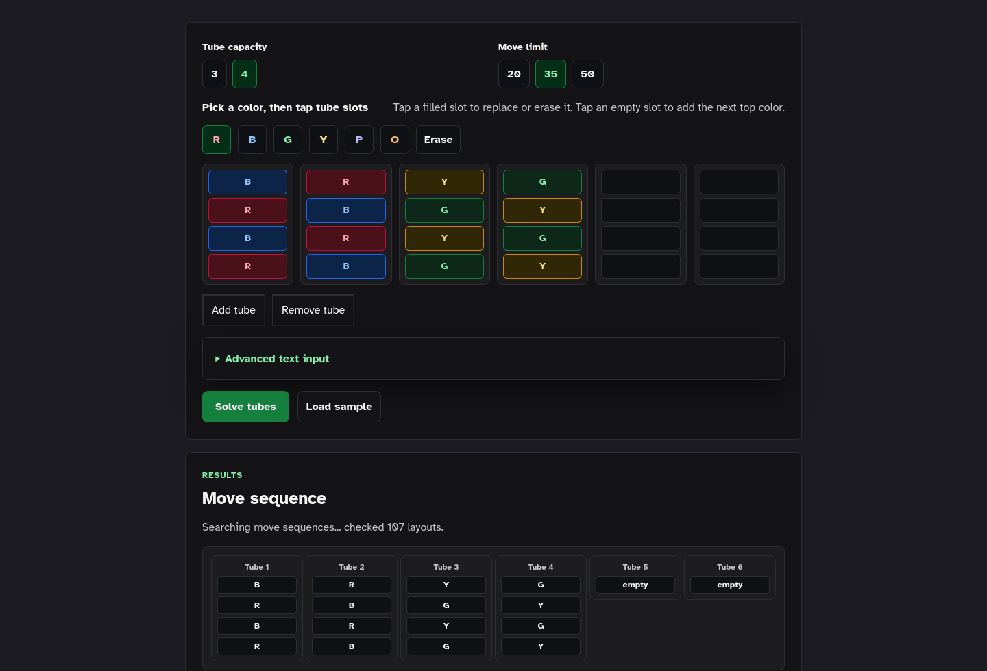 Embeddable tool-only page screenshot of Color Sort Solver Starter Kit.