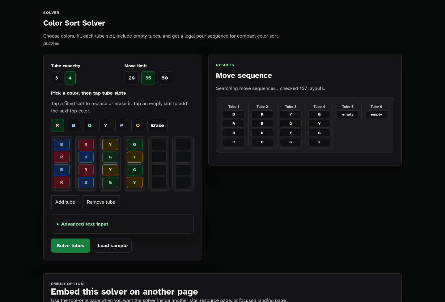 Solver results screenshot of Color Sort Solver Starter Kit.